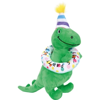 Green plush dinosaur toy wearing a striped party hat and a colorful polka dot collar with "LET'S PAWTY" text.