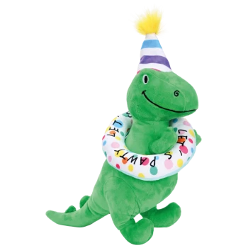 Grünes Plüsch-Dinosaurierspielzeug mit gestreiftem Partyhut und buntem gepunktetem Halsband mit dem Text „LET'S PAWTY“.