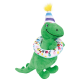 Green plush dinosaur toy wearing a striped party hat and a colorful polka dot collar with "LET'S PAWTY" text.
