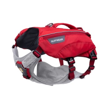 Rotes Hundegeschirr mit verstellbaren Riemen und gepolstertem Design, mit einem Griff oben und einem Ruffwear-Logo.