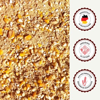 Supravit Legemehl Hühnerfutterergänzung, gentechnikfrei, Fütterungsverhältnis 2:1 mit Getreide, Zutaten und Nährwertangaben auf Deutsch.