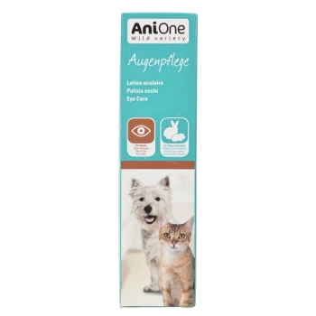 Opakowanie lotionu AniOne Eye Care z uśmiechniętym psem i kotem, z tekstem w wielu językach na temat pielęgnacji oczu.