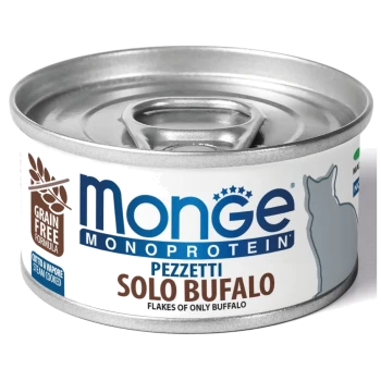 Dosenkatzenfutter mit der Aufschrift "Monge Monoprotein Pezzetti Solo Bufalo", das eine getreidefreie Formel mit Flocken von nur Büffel enthält.