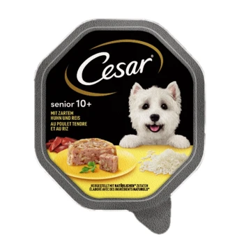 Cesar Senior 10+ Hundefutterverpackung mit einem lächelnden weißen Hund, mit einem Teller zartem Huhn und Reis, und Text auf Deutsch.
