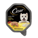 Cesar Senior 10+ Hundefutterverpackung mit einem lächelnden weißen Hund, mit einem Teller zartem Huhn und Reis, und Text auf Deutsch.