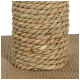 Gros plan d'un griffoir en sisal tissé naturel avec des bords effilochés, reposant sur un tapis en jute texturé.