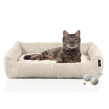 ® Katzenbett waschbar mit Gratis-Beigabe, robuster Breit-Cordstoff beige