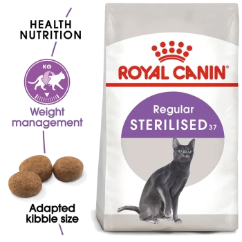 Royal Canin Regular Sterilised cat food bag featuring a gray cat, adapted kibble size, and claims for health nutrition and weight management.
