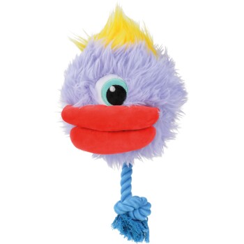 Paarse pluizige vogelvormige hondenspeelgoed met grote rode lippen, één oog, gele kuif en blauwe touwstaart.