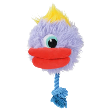 Lila flauschiges vogelähnliches Hundespielzeug mit großen roten Lippen, einem Auge, gelbem Haarschopf und blauem Seilschwanz.