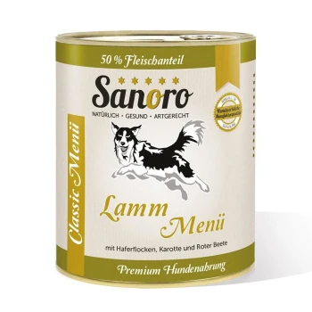 Dose Sanoro Classic Menü Hundefutter mit einer schwarz-weißen Hundillustration, beschriftet mit "Lamm Menü" und Zutaten: Hafer, Karotten und Rote Beete.