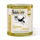 Dose Sanoro Classic Menü Hundefutter mit einer schwarz-weißen Hundillustration, beschriftet mit "Lamm Menü" und Zutaten: Hafer, Karotten und Rote Beete.