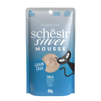 Schesir Silver Mousse grain-free chicken cat food pouch for senior cats 11+, 80g, with immune support.