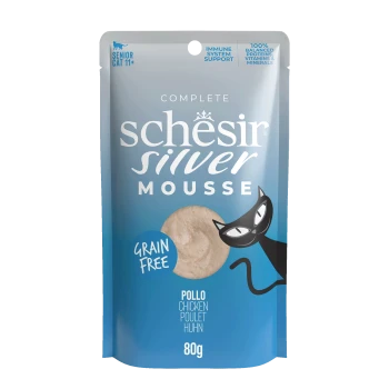 Schesir Silver Mousse grain-free chicken cat food pouch for senior cats 11+, 80g, with immune support.