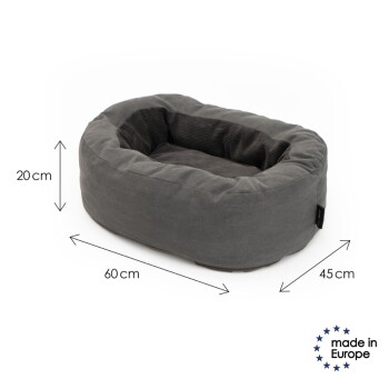 Grau ovales Haustierbett mit Cord-Innenkissen; Maße angegeben: 60 cm, 45 cm, 20 cm und 'Made in Europe'-Logo.