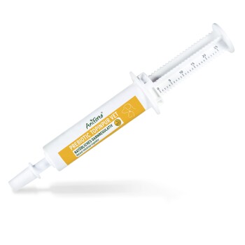 Weißer Tier-Spritzenapplikator mit der Beschriftung 'AniForte PREBIOTIC TOPINPUP VET', Dosierungsmarkierungen und Hundeumriss-Symbol.