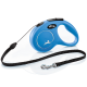 Blue retractable dog leash with a black strap and silver clip, featuring a comfortable grip handle and a logo.