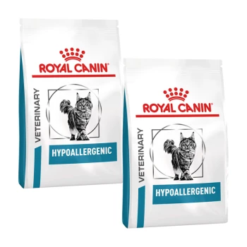 Deux sacs de nourriture pour chats hypoallergénique Royal Canin, avec une image de chat et le logo de la marque affiché en évidence.
