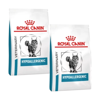Zwei Säcke Royal Canin Veterinary Hypoallergen Katzenfutter, mit einem Katzenbild und dem markanten Logo der Marke.