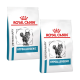 Zwei Säcke Royal Canin Veterinary Hypoallergen Katzenfutter, mit einem Katzenbild und dem markanten Logo der Marke.