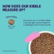 Image of a bowl of kitten kibble with a text overlay stating "How does our kibble measure up?" and details about the kibble size (5mm).