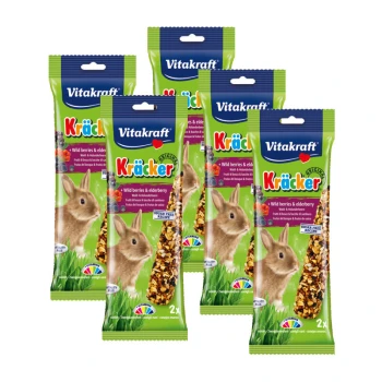 Five packages of Vitakraft Kräcker for rabbits, featuring wild berries and elderberry, with a sugar-free recipe label.