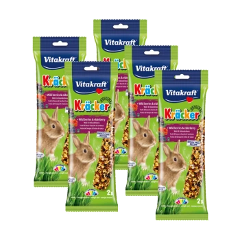 Fünf Pakete Vitakraft Kräcker für Kaninchen, die wilde Beeren und Holunderbeeren enthalten, mit einem zuckerfreien Rezeptetikett.