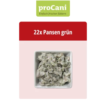 Verpacktes Hundefutter mit der Aufschrift "proCani buy nature" mit grünem Pansen, vor einem malerischen Hintergrund und dem Text "Ihr Hund ist, was er frisst."