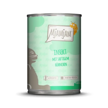 Dose mit Haustierfutter mit der Aufschrift "Mjammjam Insekt mit saftigem Hühnchen" und einer Katzensilhouette, mit dem Anspruch, getreidefrei und mit Insektenprotein zu sein.