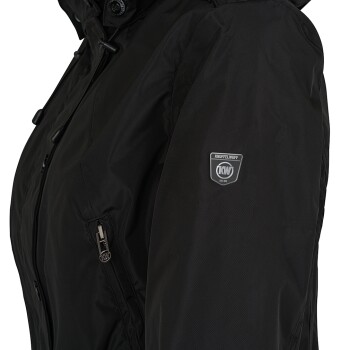 Eine Nahaufnahme einer schwarzen Haustierjacke mit einer Reißverschlusstasche und einem Logo-Patch am Ärmel, das 'KNUFFEL WUFF' liest.