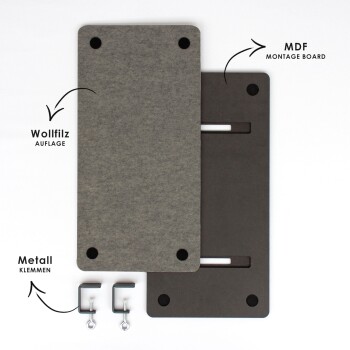 Tierprodukt-Montageset mit einer grauen Filzmatte, einer dunklen MDF-Platte und zwei Metallklemmen, alle beschriftet auf Deutsch.