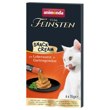 Chat blanc se léchant les lèvres à côté d'un tube de crème à grignoter Animonda Vom Feinsten avec du pâté de foie et des légumes du jardin, 6 x 15g.
