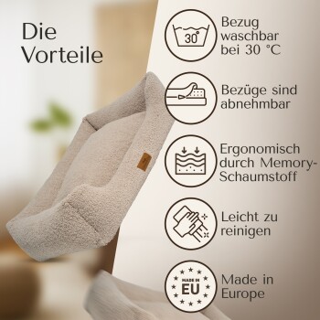 Gemütliches beiges Haustierbett mit waschbarem Bezug, abnehmbaren Teilen, ergonomischem Memory-Schaum, leicht zu reinigen, hergestellt in Europa.