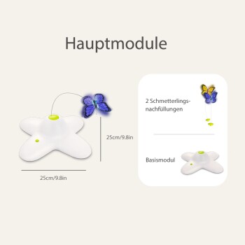 Weißes, sternförmiges Haustierspielzeug-Hauptmodul mit einem blauen Schmetterling an einem Draht, Maße 25 cm/9,8 Zoll, inklusive 2 Schmetterlingsnachfüllungen.