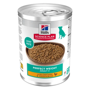 Can of Hill's Science Plan dog food, "Perfect Weight Adult 1+" loaf pâté with chicken & vegetables