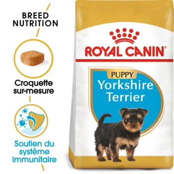 Sac de nourriture pour chiens Royal Canin Puppy Yorkshire Terrier mettant en vedette un petit chiot Yorkshire Terrier, avec un texte soulignant la nutrition de la race et le soutien immunitaire.