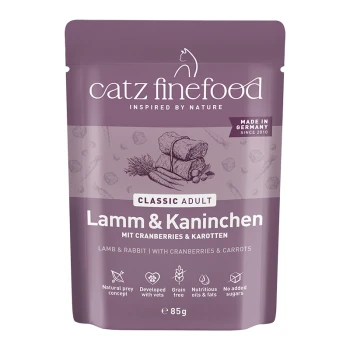 Lila Beutel von catz finefood Classic Adult – Lamm & Kaninchen mit Preiselbeeren und Karotten, 85 g