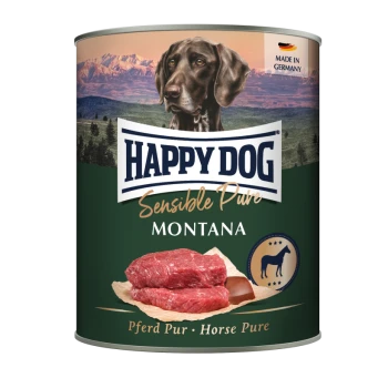 Happy Dog Sensible Pure Montana Hundefutterdose mit Hunde-Porträt, Bild von rohem Pferdefleisch und Text 'Pferd Pur · Horse Pure' sowie 'Made in Germany'