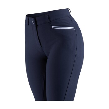 Marineblaue, taillierte Hose mit einem eleganten Design, ausgestattet mit einer kleinen Vordertasche und weißen Streifen.