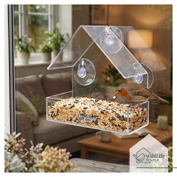 Transparenter Fenstersaugnapf-Vogelfutterspender mit Saugnäpfen, mit Samen gefüllt; Rotkehlchen pickt Samen; das wildlife home-Logo ist sichtbar.