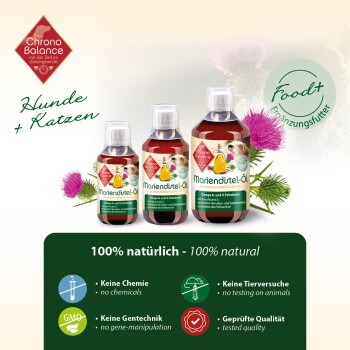 Drei Flaschen Chrono Balance Mariendistelöl für Haustiere, beschriftet mit "100% natürlich" ohne Chemikalien, Gentechnik oder Tierversuche.