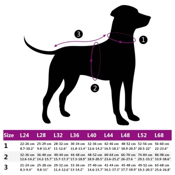 Hundsilhouette mit beschrifteten Messpunkten für Hals, Brust und Länge. Größentabelle listet Größen L24 bis L68 in cm und Zoll.