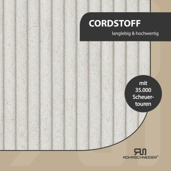 Strukturierter hellgrauer Cordstoff mit vertikalen Streifen, beschriftet mit 'CORDSTOFF' und 'langlebig & hochwertig', mit einer Haltbarkeit von 35.000 Reibungszyklen.