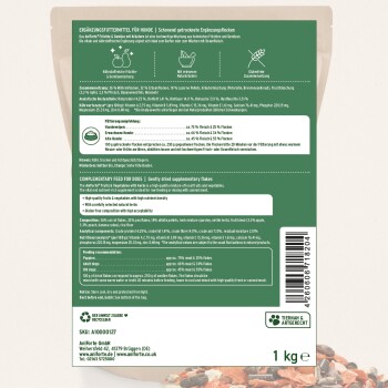 Getrocknete Ergänzungsflocken für Hunde, mit grüner und beiger Verpackung, die Nährwertinformationen, Zutaten und Fütterungsempfehlungen enthält.