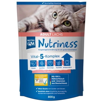 Verpackung für Katzenfutter mit einer grauen Katze mit grünen Augen, beschriftet mit 'Nutriness Adult Lachs', das 'Vital-5-Komplex' für gesundheitliche Vorteile hervorhebt.