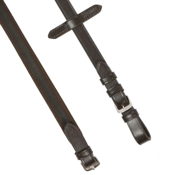 Braune Leder-Hundeleine mit einem gewebten Stoffabschnitt, ausgestattet mit Metallclips und verstellbaren Riemen.