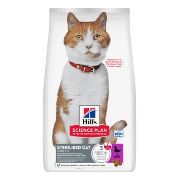 Sac d'aliments pour chats Hill's Science Plan Sterilised Cat présentant un chat roux et blanc avec un collier rouge ; étiquettes 'Sterilised Cat', '3 Essential Benefits', 'with Duck'.