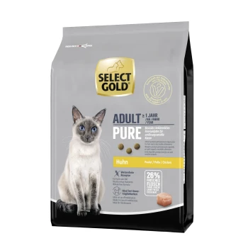 Pure Adult Huhn 2.5 kg Select Gold Adult Pure Katzenfutterbeutel mit einer Siamkatze, mit wichtigen Details wie "Huhn" (Hühnchen), 26% frisches Fleisch und glutenfreies Rezept.