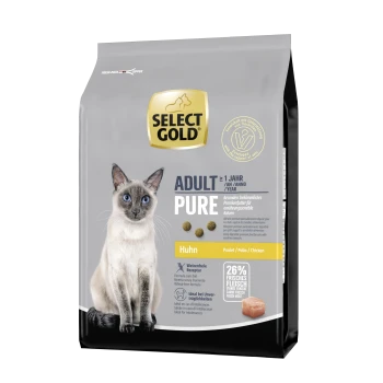 Select Gold Adult Pure Katzenfutterbeutel mit einer Siamkatze, mit wichtigen Details wie "Huhn" (Hühnchen), 26% frisches Fleisch und glutenfreies Rezept.