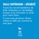 Étiquette bleue pour animaux en français : 'TAILLE SUPÉRIEURE = SÉCURITÉ', texte de sécurité sur le choix de la taille du jouet ; XS avec icône de chien et ≤ 5 lb ≤ 2 kg.